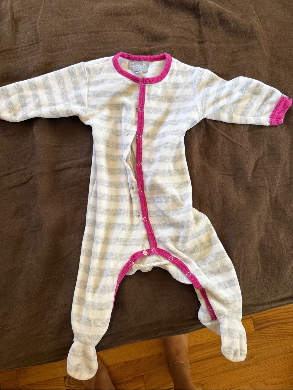Coccoli White and Gray Striped Footie with Pink Trim